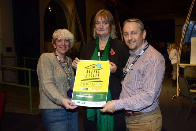 Mar Dixon (left) in 2013 with Anna Brennand at the Ironbridge Gorge Trust and John Hughes, museum development officer and event coordinator. Photo: Rose Pearce
