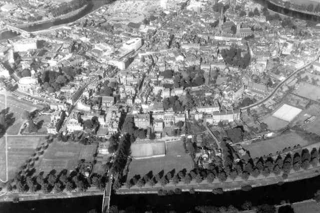 Shrewsbury town centre and The Quarry, Shrewsbury. Taken in 1964.