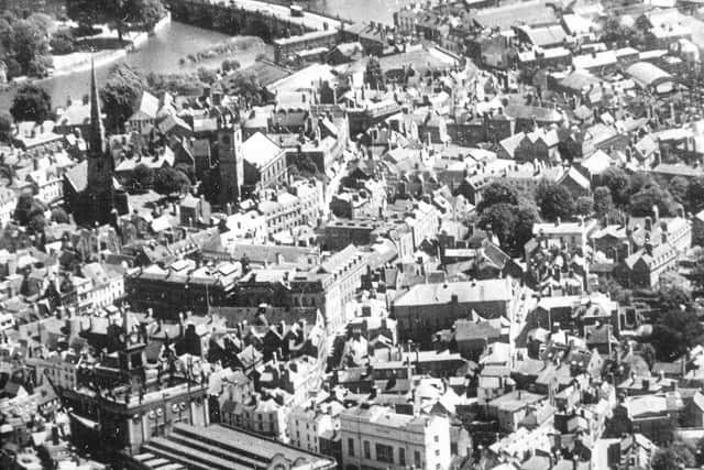 This aerial image of Shrewsbury was bought at a car boot sale in 2002. It is believed to have been taken in the 1950s.