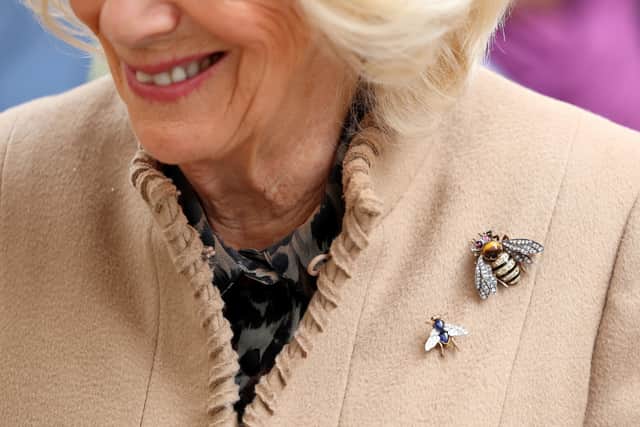 Queen Camilla wears insect brooches.