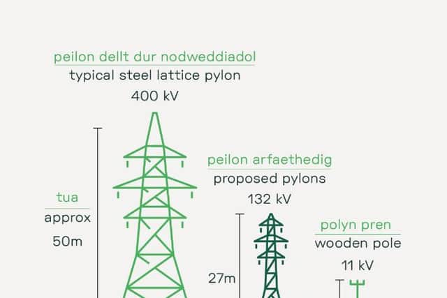 A visual from Green Gen Cymru showing the pylons proposed for the route.