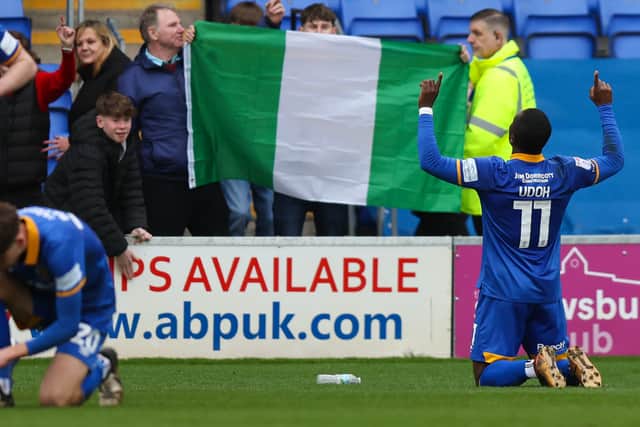Dan Udoh of Shrewsbury Town celebrates after scoring a goal to make it 1-0 (AMA)