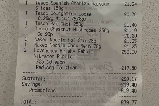 The Lovehoney Frisky Rabbit vibrators shown on the receipt