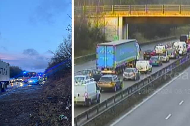 Emergency services on the scene (Courtesy: Craig Jackson) and a traffic cam image of the queues (Courtesy: National Highways).