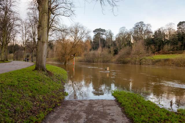 A flood warning remains in place in Shrewsbury at The Quarry