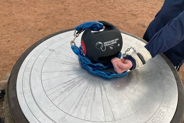 Johnny Bradley took the medicine ball up the Wrekin