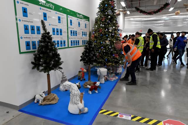 Staff look at the Christmas tree