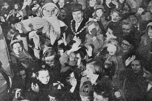 nostalgia pic. Donnington. This picture is copied direct from the pages of the Wellington Journal & Shrewsbury News of December 21, 1957. The caption was: 'Arriving at Donnington on Saturday morning, Santa Claus was greeted by Mr Isiah (sic) Jones, chairman of Wellington R.D.C.' i.e. Wellington Rural District Council. Father Christmas. Library code: Donnington nostalgia 2017..