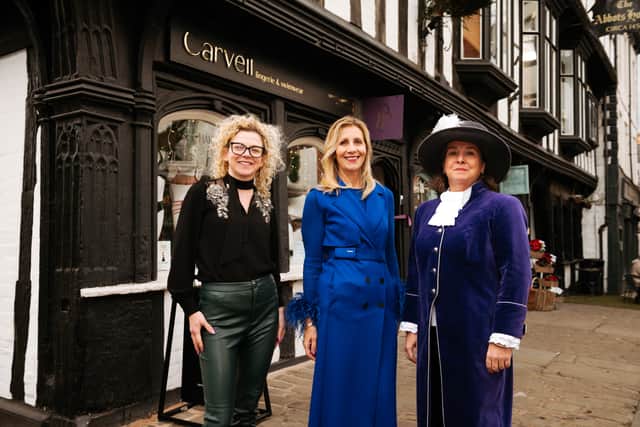 Opening of Carvell Lingerie and Swimwear. Staff member Karen Eaton, owner Debbie Carvell and High Sheriff of Shropshire Mandy Thorn.