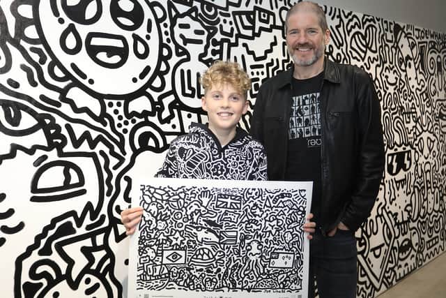 Joe Whale (Doodle Boy) with British comic artist Charlie Adlard at the launch in Shrewsbury