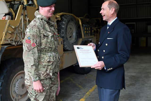 LAST COPYRIGHT NATIONAL WORLD PLC TIM THURSFIELD 08/11/23.Prince Edward, Duke of Edinburgh visits the Army Reserve Centre, Telford..Cadet Lance Corporal Dylan Fugatt is presented with his certificate..