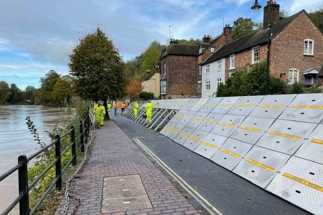 Temporary flood barriers have gone up in Ironbridge. Photo: @EnvAgencyMids