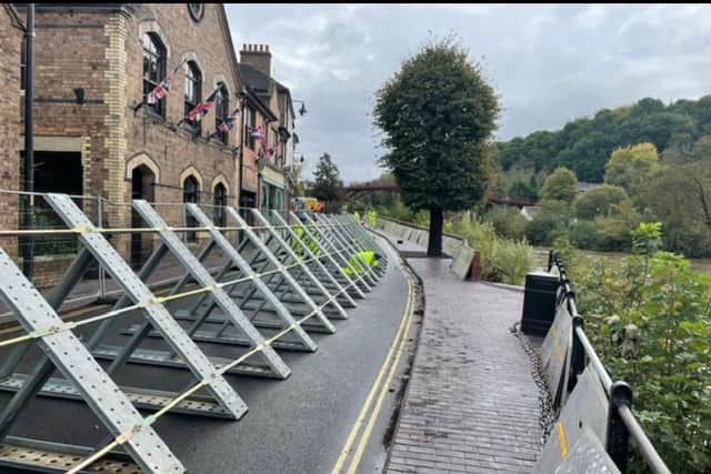 Flood barriers go up in Ironbridge. Photo: @EnvAgencyMids