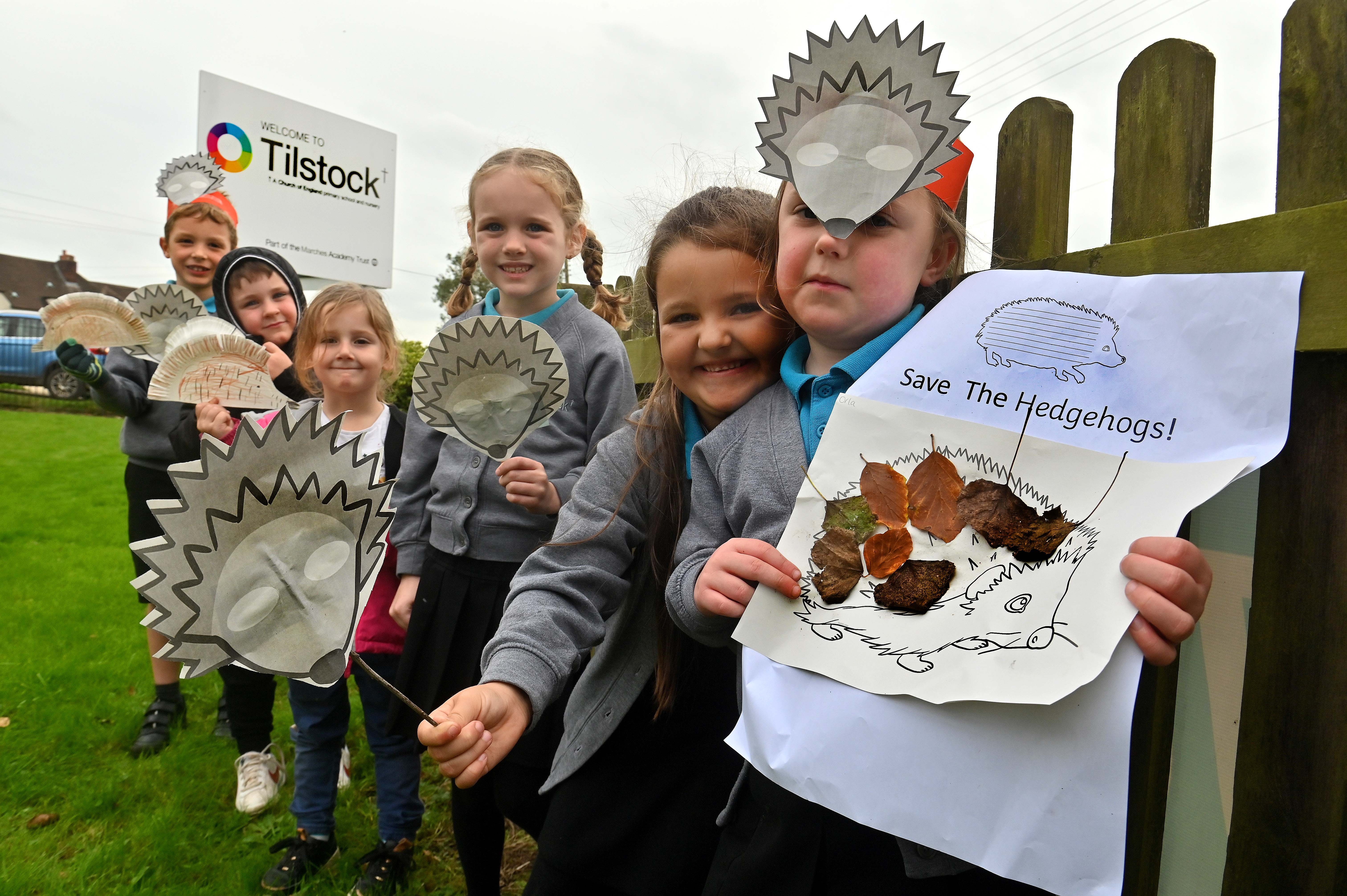 Tilstock Primary Schcool, where pupils have been raising money for the Wildlife Trust, inspired by the plight of the Hedgehog. They have been doing a daily walk and hedgehog crafts. Front to back: Orla Harrison 5, Darcie Nicholson 6, Lauren Cheshire 6, Willow Roberts 4, Duke Woollam 4, and Lucas Goldsmith 6.