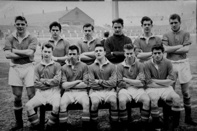 Duncan Edwards, back left, with team mates including Bobby Charlton, front, second from right