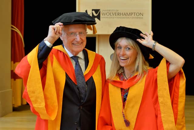 Tipping their caps: Bob Warman and Michaela Strachan were both given honorary degrees by the University of Wolverhampton on Thursday.