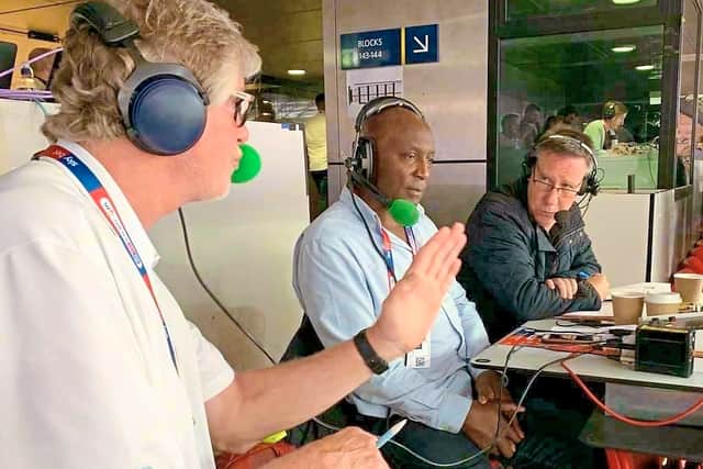 Getting his point across while on air from the Wembley Stadium press box