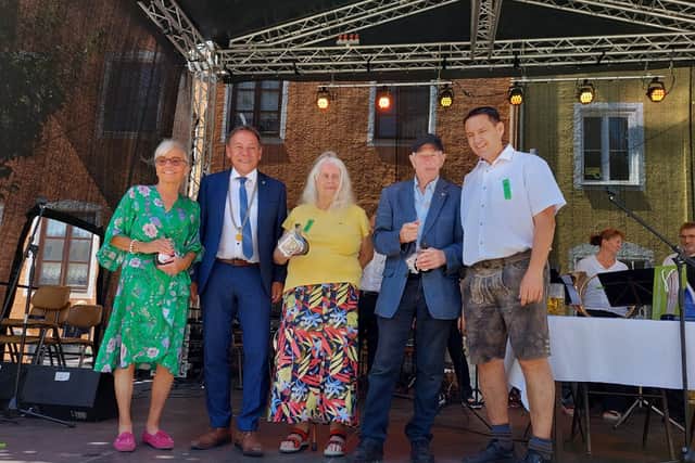 The Bridgnorth Twinning Associaton's Karen Sawbridge, former mayor Bridgnorth; Harry Reisner, mayor of Schrobenhausen; Helen Howells, Bridgnorth mayor in 1992; Mike Proudman, former Chairman of Bridgnorth Twinning Association and founder member; Hartmut Siegl