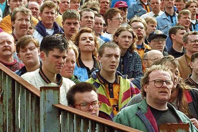 The South Bank at its final game, with John ‘Fozzie’ Hendley front right