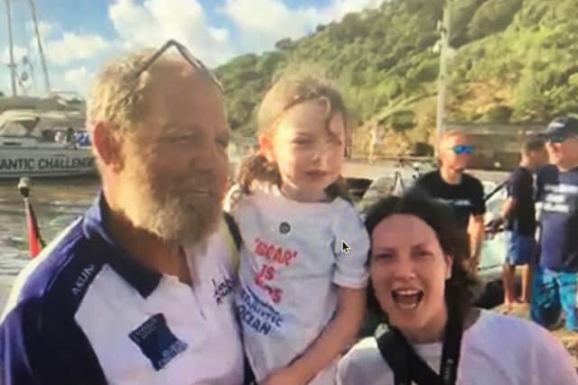 Ian Davies with his grandaughter, Ellie and daughter, Dani, after completing his last Atlanctic challenge three years ago