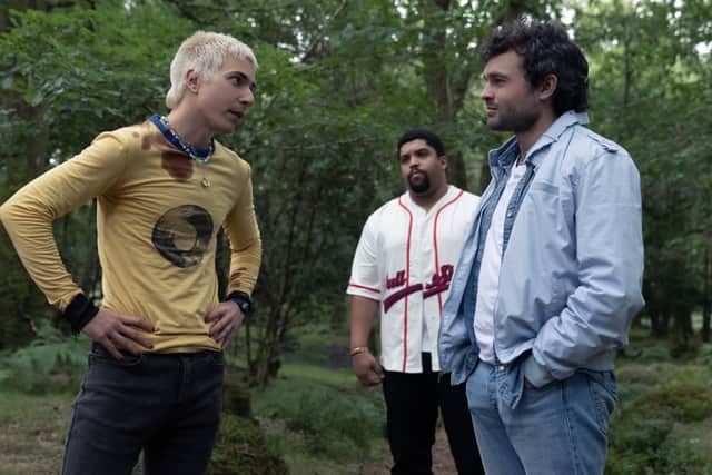 Cocaine Bear: Aaron Holliday as Stache, O'Shea Jackson, Jr. as Daveed and Alden Ehrenreich as Eddie