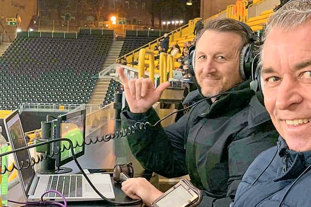 Giving his expert opinion on commentary with Andy Thompson at Molineux