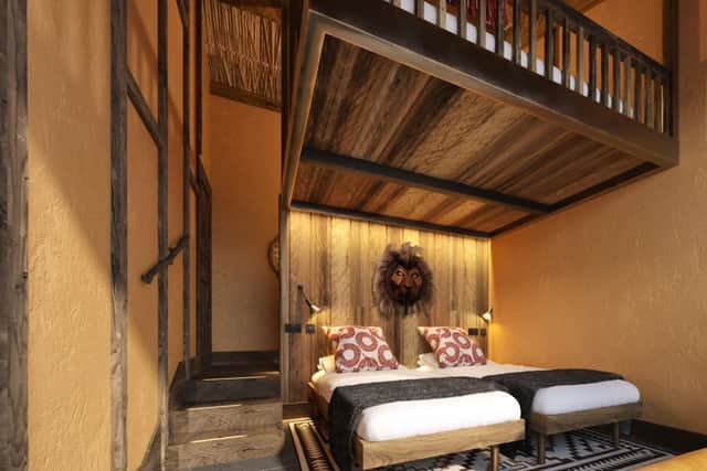 CGI images of the bedrooms and living space in the new Lion Lodges at West Midland Safari Park