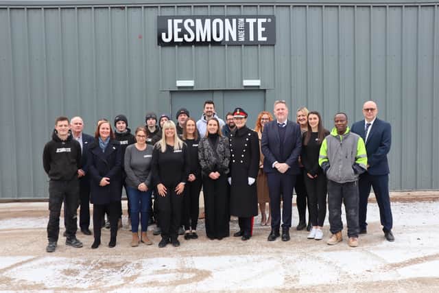 The award winning Jesmonite team celebrates with the Lord-Lieutenant of Shropshire Anna Turner.