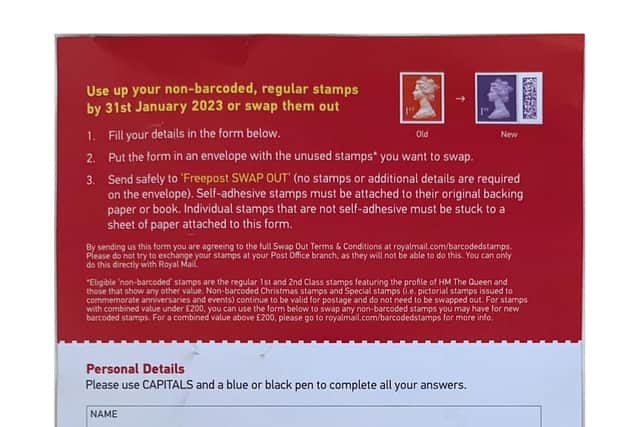 The leaflet contains a form so people can send in their old stamps to swap them for new ones with barcodes