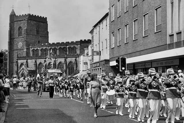 Newport Carnival procession in the summer of 1982. Note St Nicholas Parish Church in the background