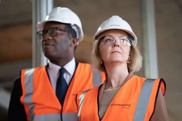Liz Truss and Chancellor Kwasi Kwarteng during a visit to a construction site for a medical innovation campus in Birmingham