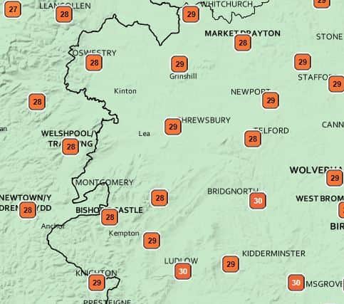 Some of the peak temperatures expected in Shropshire towns on Friday afternoon. Data: Met Office