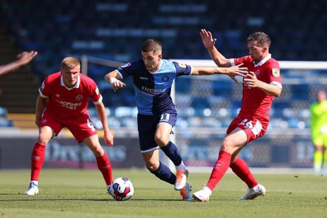 Jordan Shipley of Shrewsbury Town and Anis Mehmeti of Wycombe Wanderers (AMA)