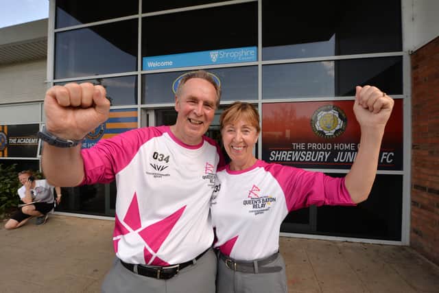 Baton-bearers Ron Morgan and Diane Morgan at Shrewsbury Sports Village