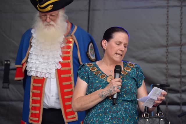 The Mayor of Shrewsbury, Councillor Elizabeth Roberts, on stage at The Quarry