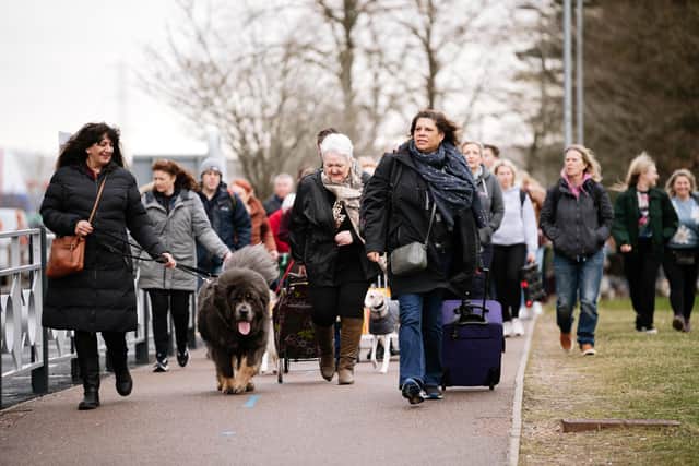 Dog lovers, owners and their canine friends walk from the car parks to the NEC