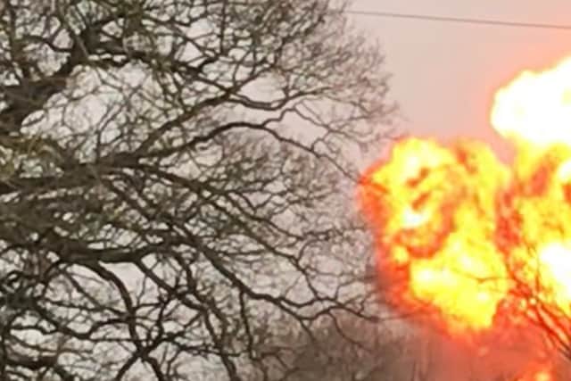 Fireball erupts into the sky after the explosion at the barn near Kingsnordley. Photo: Claire Ashmore