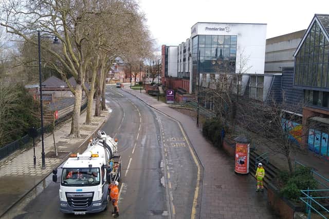 The road outside Premier Inn is no longer underwater. Photo: Shropshire Council