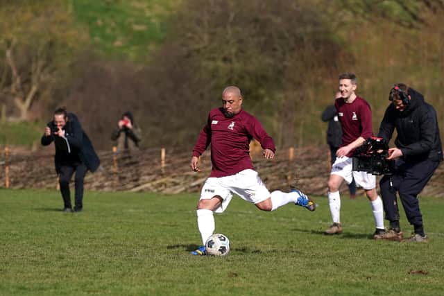 Roberto Carlos scores a penalty kick for Bull In The Barne United in the match at the Hanwood Village Hall Recreation Centre, Shrewsbury. Picture date: Friday March 4, 2022. PA Photo. See PA story SOCCER Carlos. Photo credit should read: Nick Potts/PA Wire. ..RESTRICTIONS: Use subject to restrictions. Editorial use only, no commercial use without prior consent from rights holder..