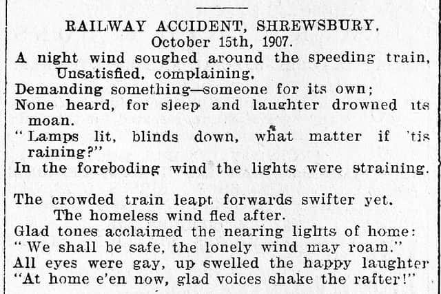 This poem about the Shrewsbury railway disaster was published anonymously in the Shrewsbury Chronicle in 1907 – the future novelist's first published work.
