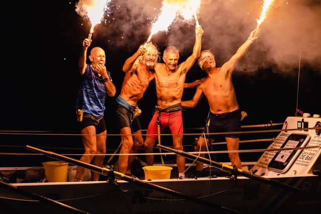 The Wrekin Rowers celebrate crossing the finish line. Picture: Penny Bird for Atlantic Campaigns
