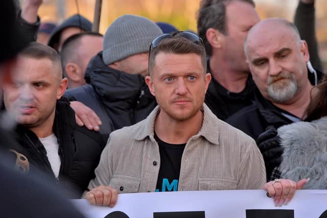 Tommy Robinson, whose real name is Stephen Yaxley-Lennon, leading the demonstration in Telford town centre