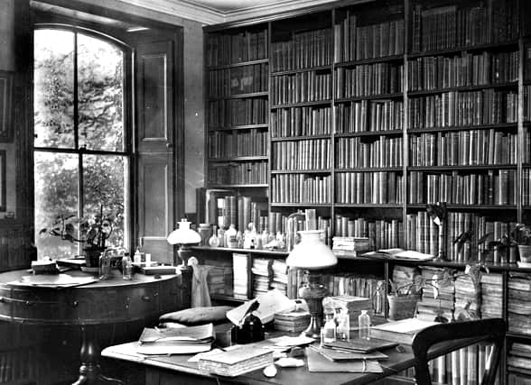 Darwin's library on the shelves of Down House in the 1870s.