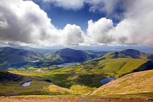 The mountains and lakes of Snowdonia, looking from Mount Snowdon from the Llanberis Pass.