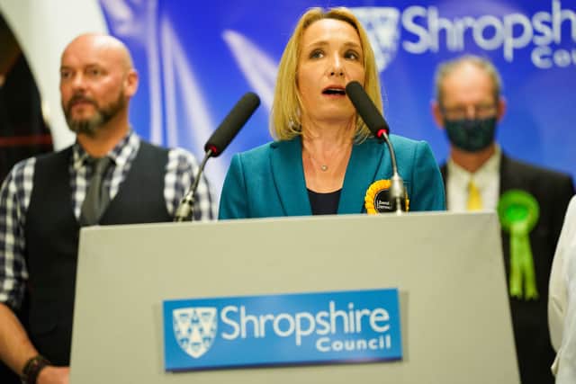 Helen Morgan makes a speech after being declared the winner in the North Shropshire by-election