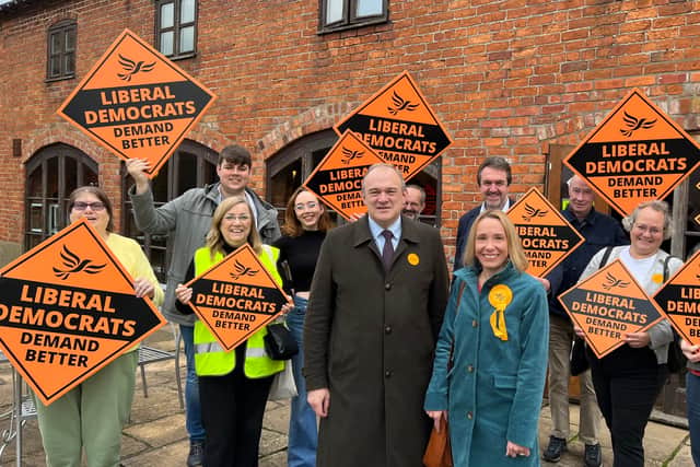 Lib Dem leader Sir Ed Davey with North Shropshire by-election candidate Helen Morgan and activisits. Photo: Liberal Democrats