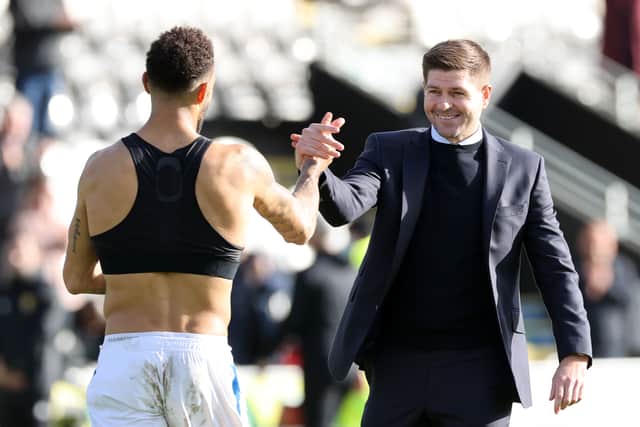 Rangers manager Steven Gerrard (right) and Connor Goldson after the Scottish Premiership match at St Mirren Park, Paisley. Picture date: Sunday October 24, 2021. PA Photo. See PA story SOCCER St Mirren. Photo credit should read: Steve Welsh/PA Wire...RESTRICTIONS: Use subject to restrictions. Editorial use only, no commercial use without prior consent from rights holder..