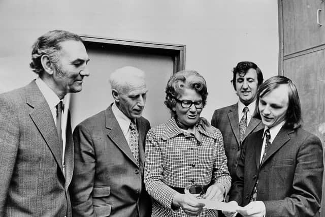 Mrs Whitehouse was guest speaker at Walker Technical College, Wellington, on September 25, 1974, for a course titled "Social Problems of the 70s." From left: college principal Vivian Morris, Ernest Whitehouse, Mary Whitehouse, Jack Wilson (adult education organiser), and course tutor Bill Parkinson.