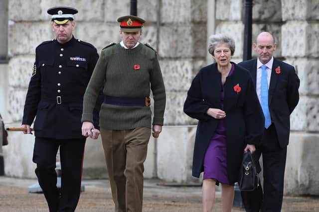 The Rt Hon Theresa May PM with Major General Benjamin John Bathurst and London Garrison Sergeant Major Andrew 'Vern' Stokes, Coldstream Guards