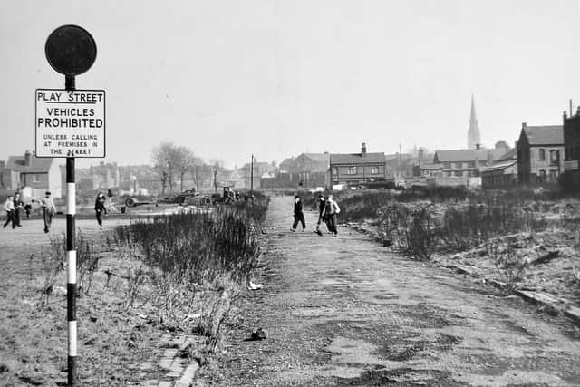 Desolation in Play Street, Brick Kiln Croft, Wolverhampton, in 1953.